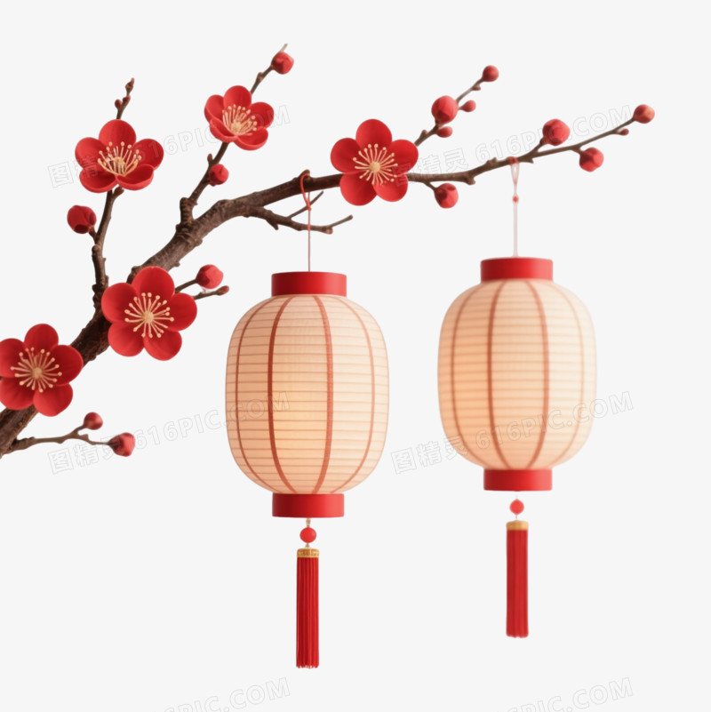 红梅枝头挂灯笼迎新春