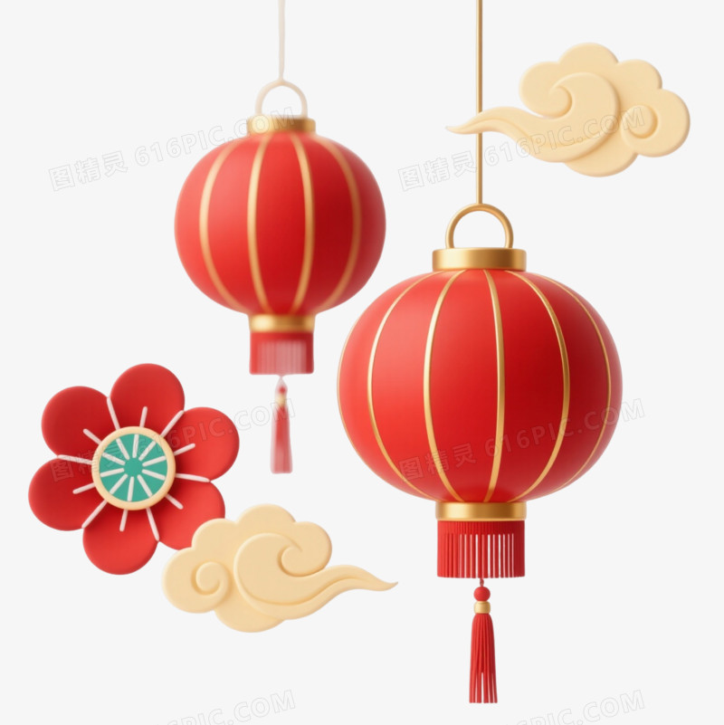 红灯笼飘云朵迎新春