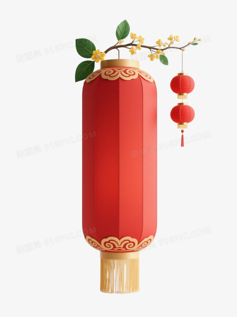 喜庆红色灯笼配绿叶小灯饰