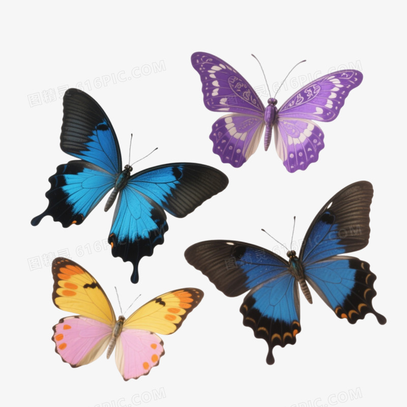 蓝黄紫三色蝴蝶漂浮元素