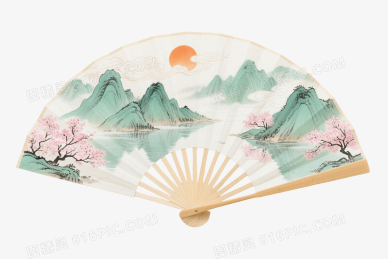 青绿山水折扇卡通手绘元素
