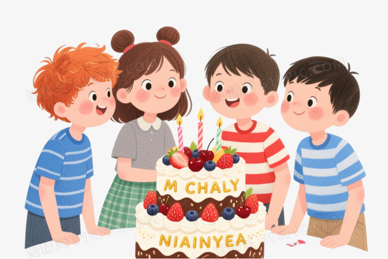 暖色调儿童蛋糕派对卡通手绘