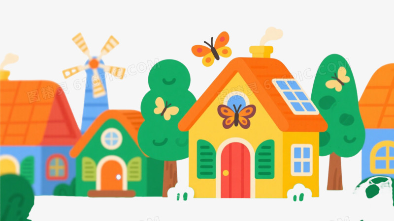 绿色生态小镇卡通手绘元素
