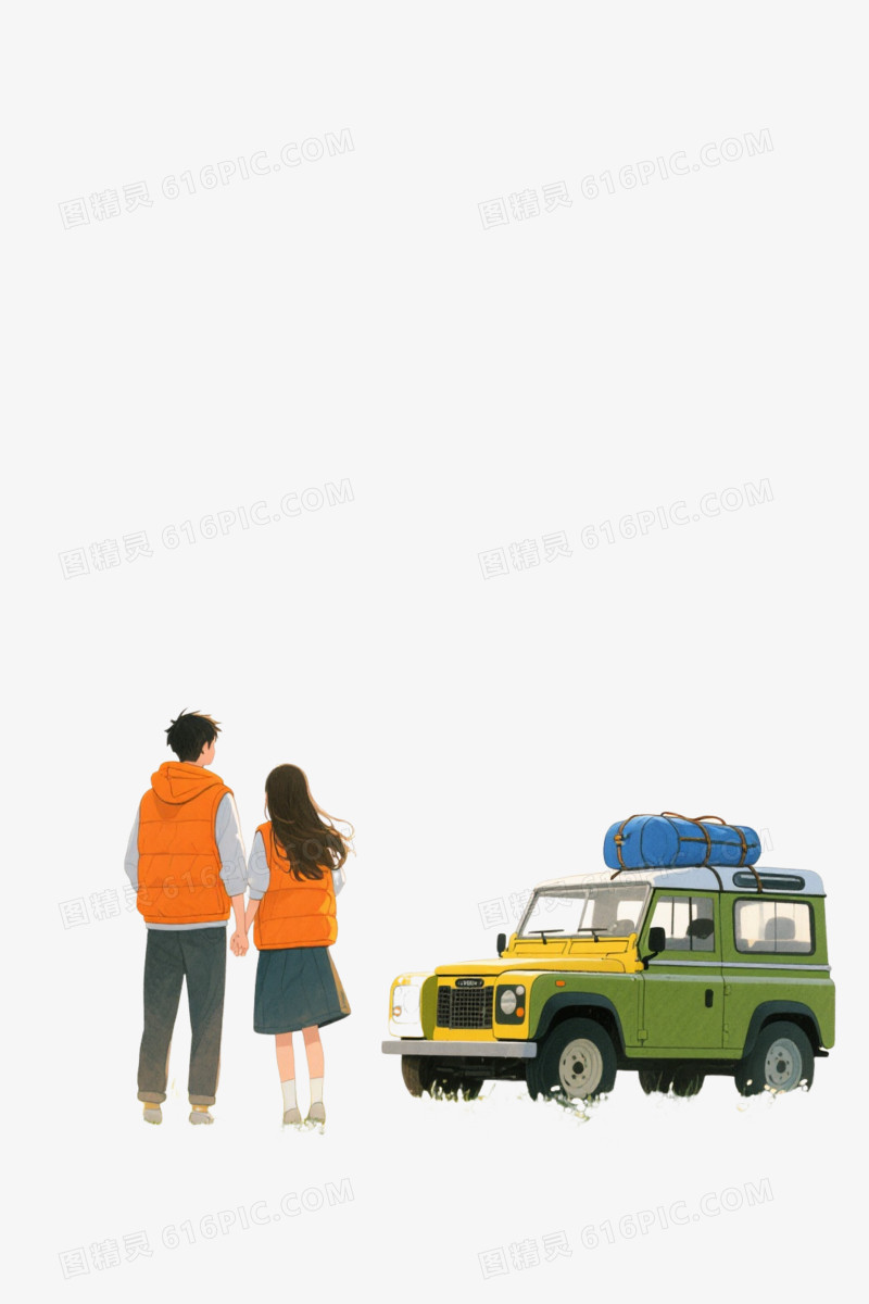 黄昏草原情侣卡通手绘元素