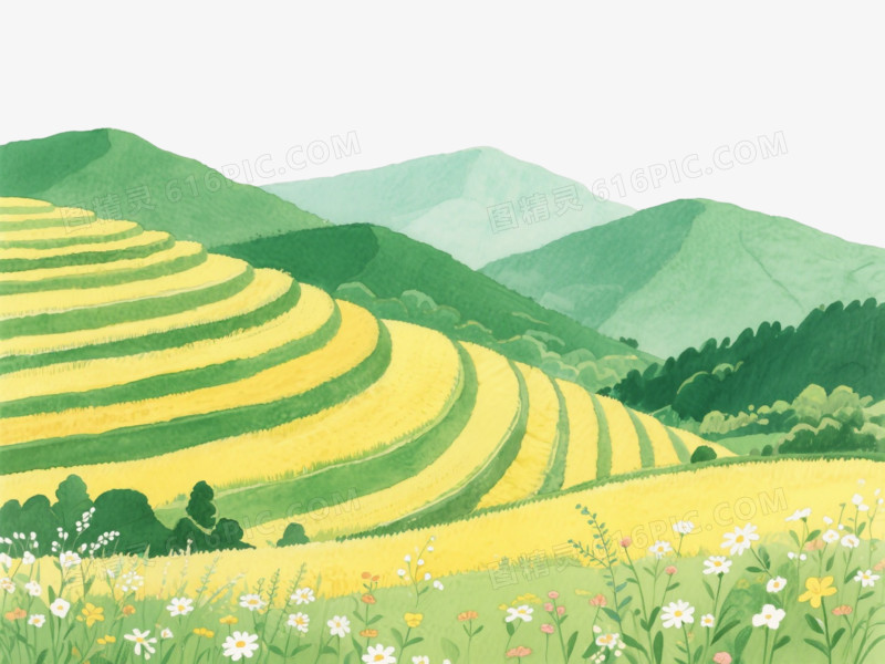 青绿山水卡通手绘元素