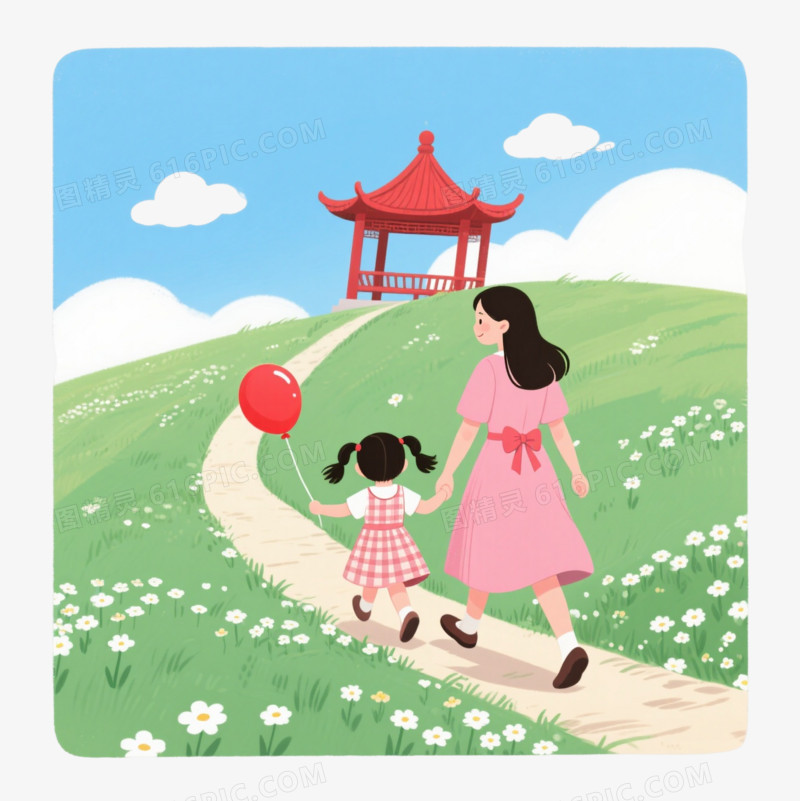 粉绿春日母女卡通手绘元素