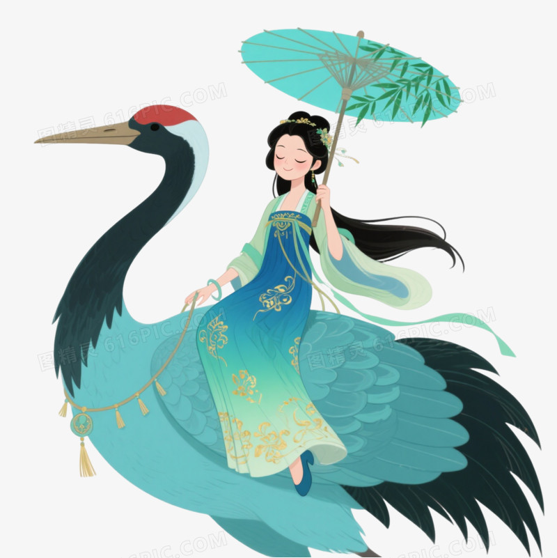 青蓝仙鹤少女卡通手绘元素