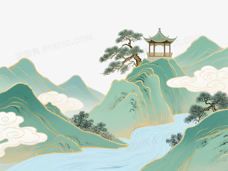 青绿山水卡通手绘元素