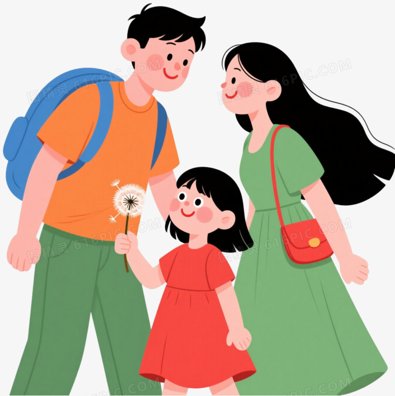 温馨一家三口卡通手绘元素