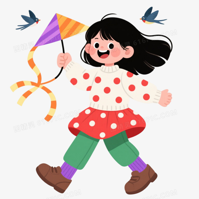 彩色风筝女孩卡通手绘元素