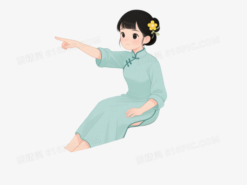 青衣女子小舟卡通手绘元素