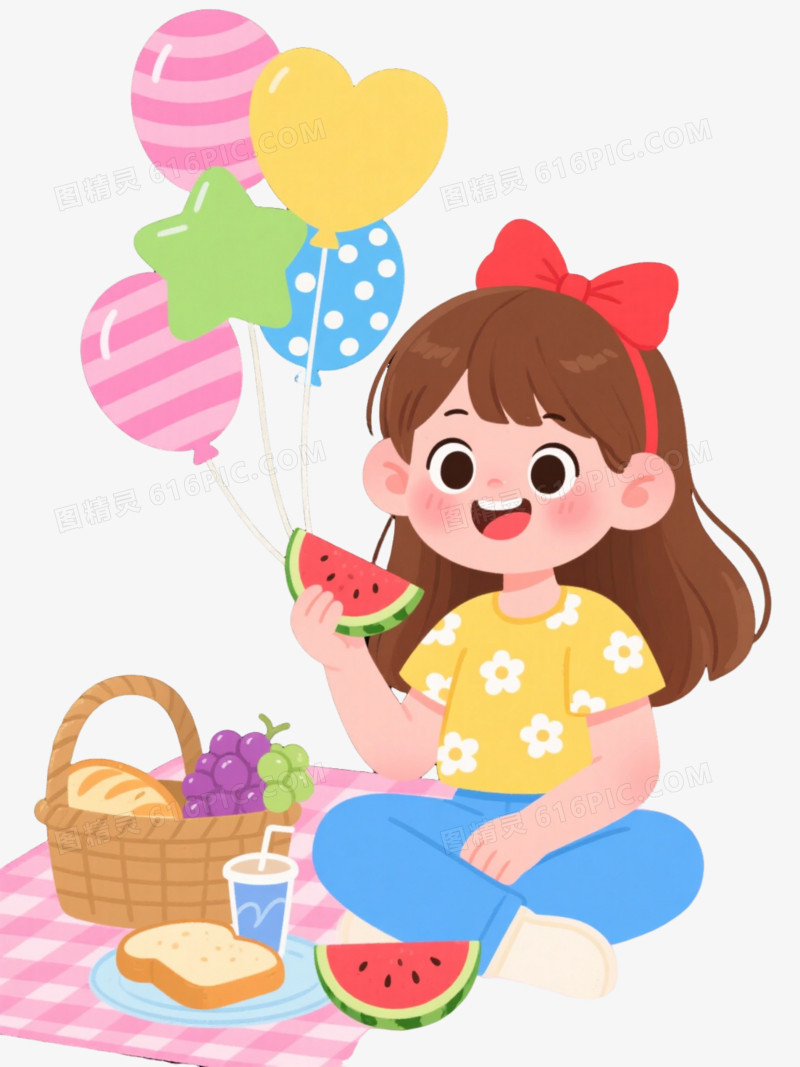 粉调野餐女孩卡通手绘元素