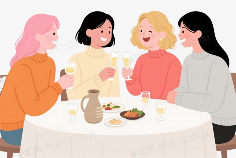 四位女性聚餐插画元素