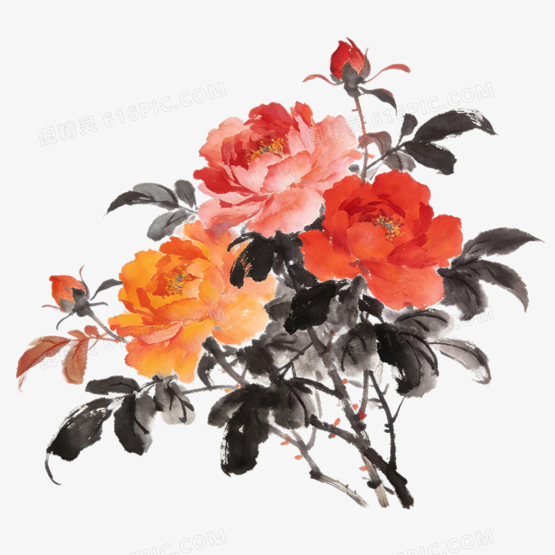 水墨风花卉古诗词配图素材免抠元素