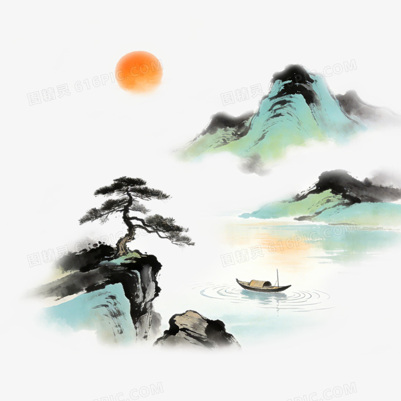 水墨风山水古诗词配图素材免抠元素