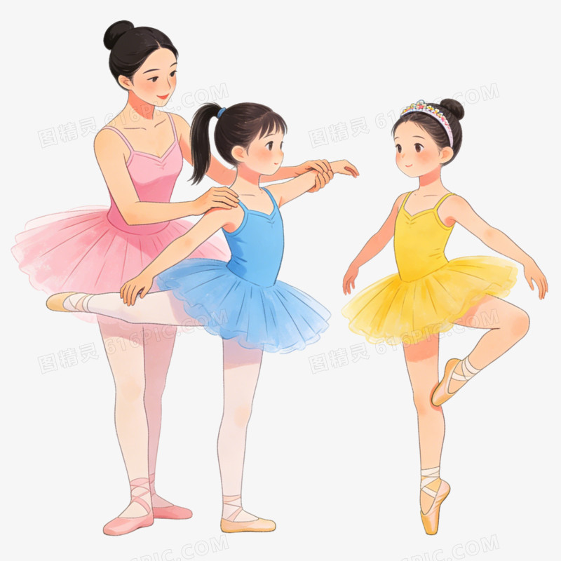卡通芭蕾舞老师指导两个女孩跳芭蕾舞免抠元素