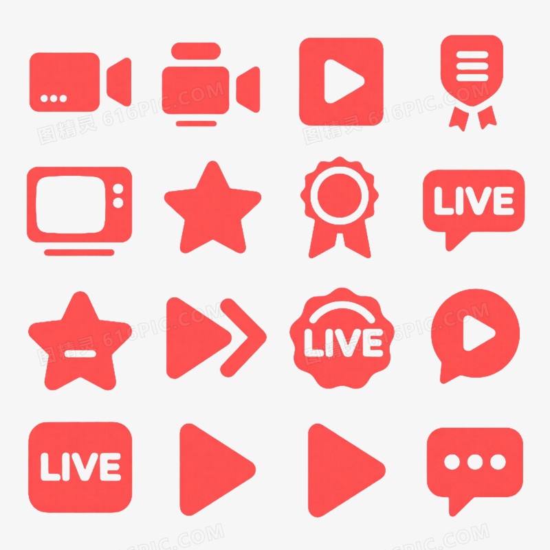 红色直播图标集合扁平化元素
