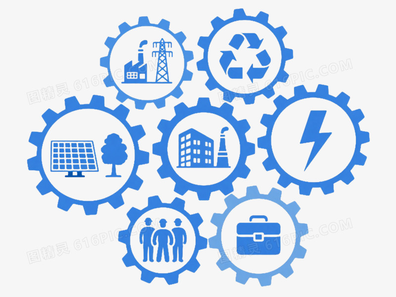 蓝白线稿工业图标齿轮漂浮元素