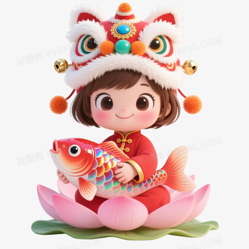 红装舞狮女孩Q版卡通手绘元素图片免费下载_PNG素材_编号1kxi83glw_图精灵