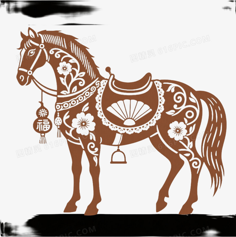 棕色剪纸马装饰图案元素