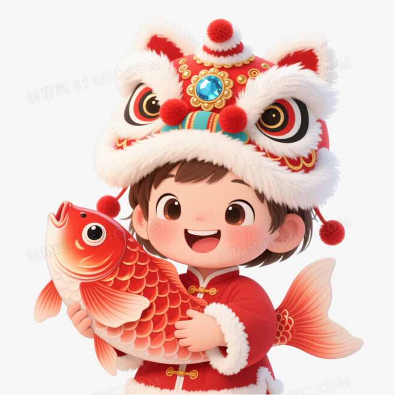 Q版舞狮小孩卡通手绘元素