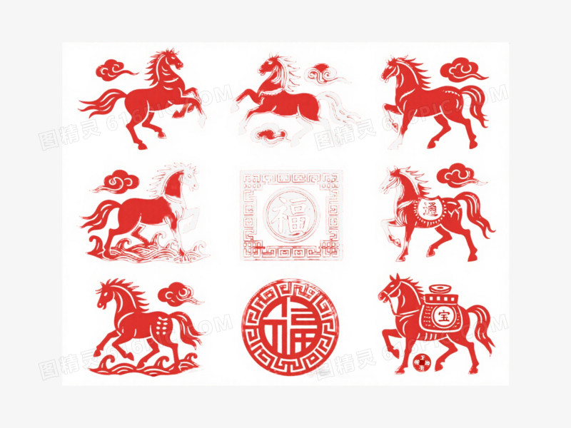 红色剪纸骏马印章节日元素