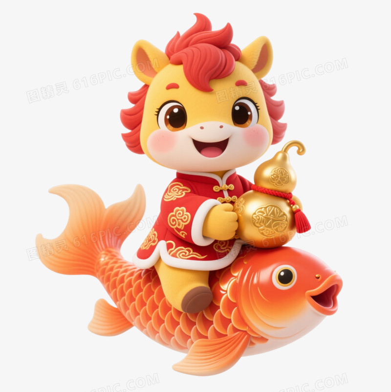 金鬃小马唐装骑锦鲤卡通手绘元素