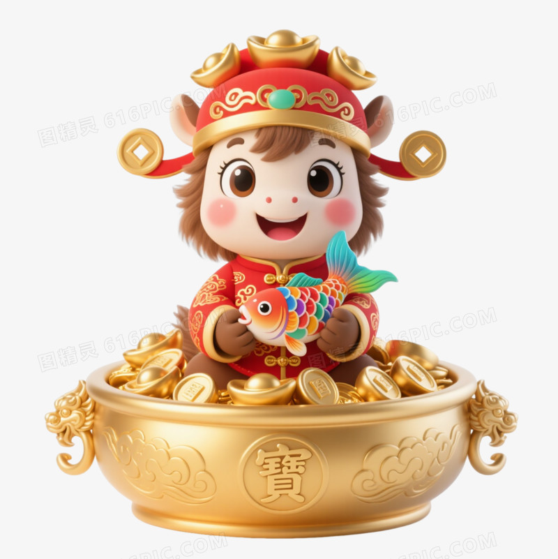 棕马唐装抱锦鲤卡通手绘元素