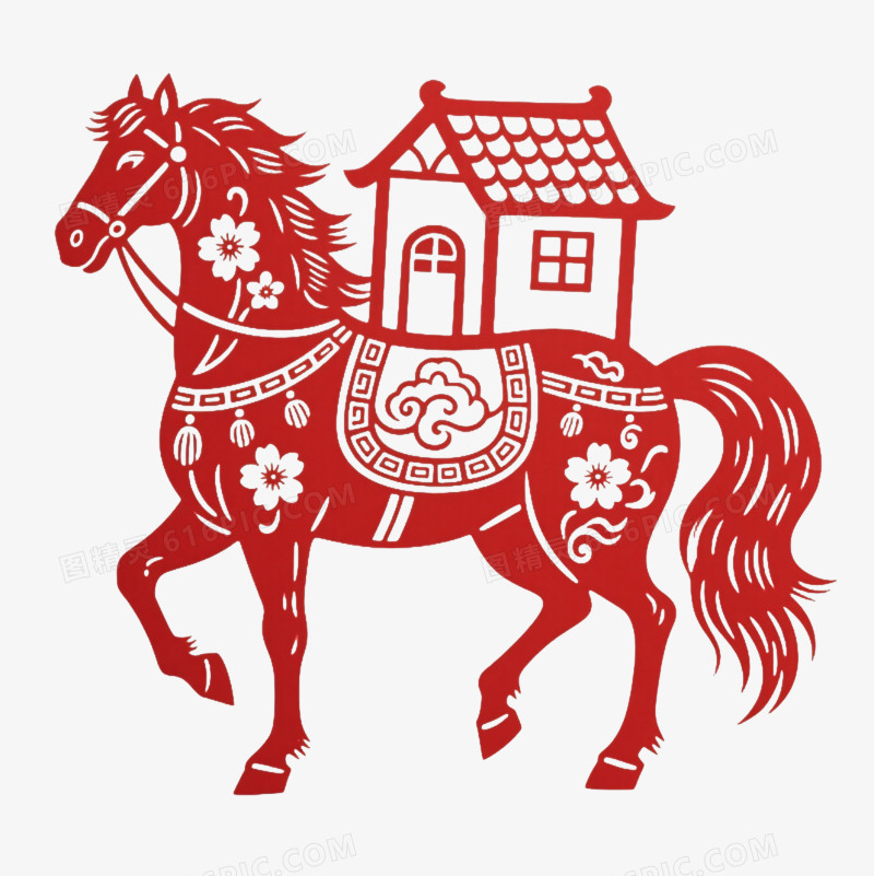 红色剪纸骏马节日元素