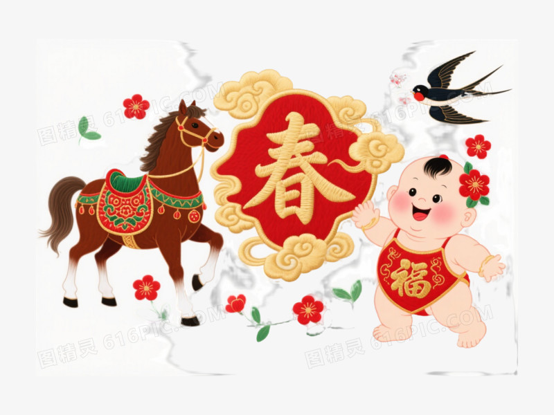 红金春字祥云年画节日元素