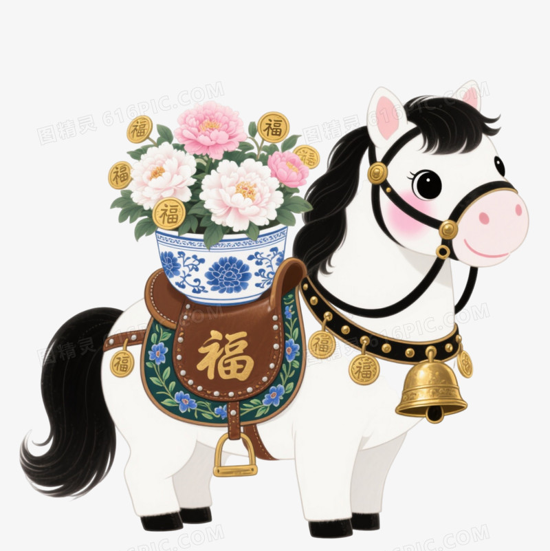 国风白底黑鬃小马卡通手绘元素