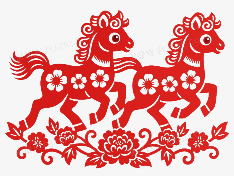 红色剪纸小马节日元素