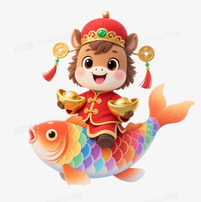 棕马唐装锦鲤Q版插画元素