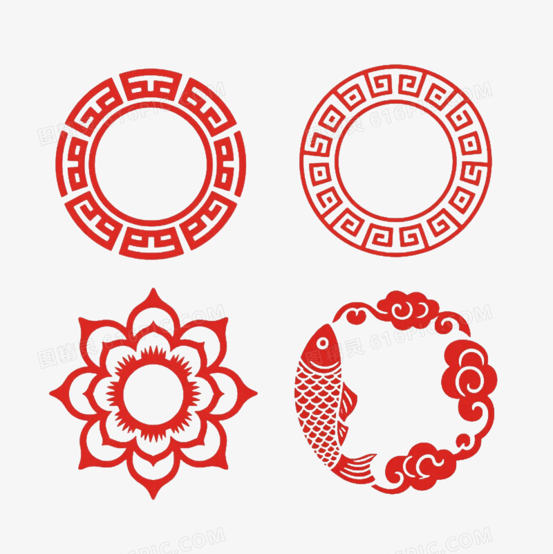 红色中式圆形边框装饰图案