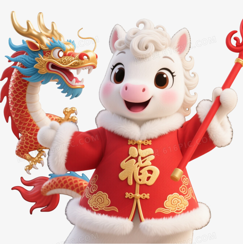 白马唐装舞龙卡通手绘元素