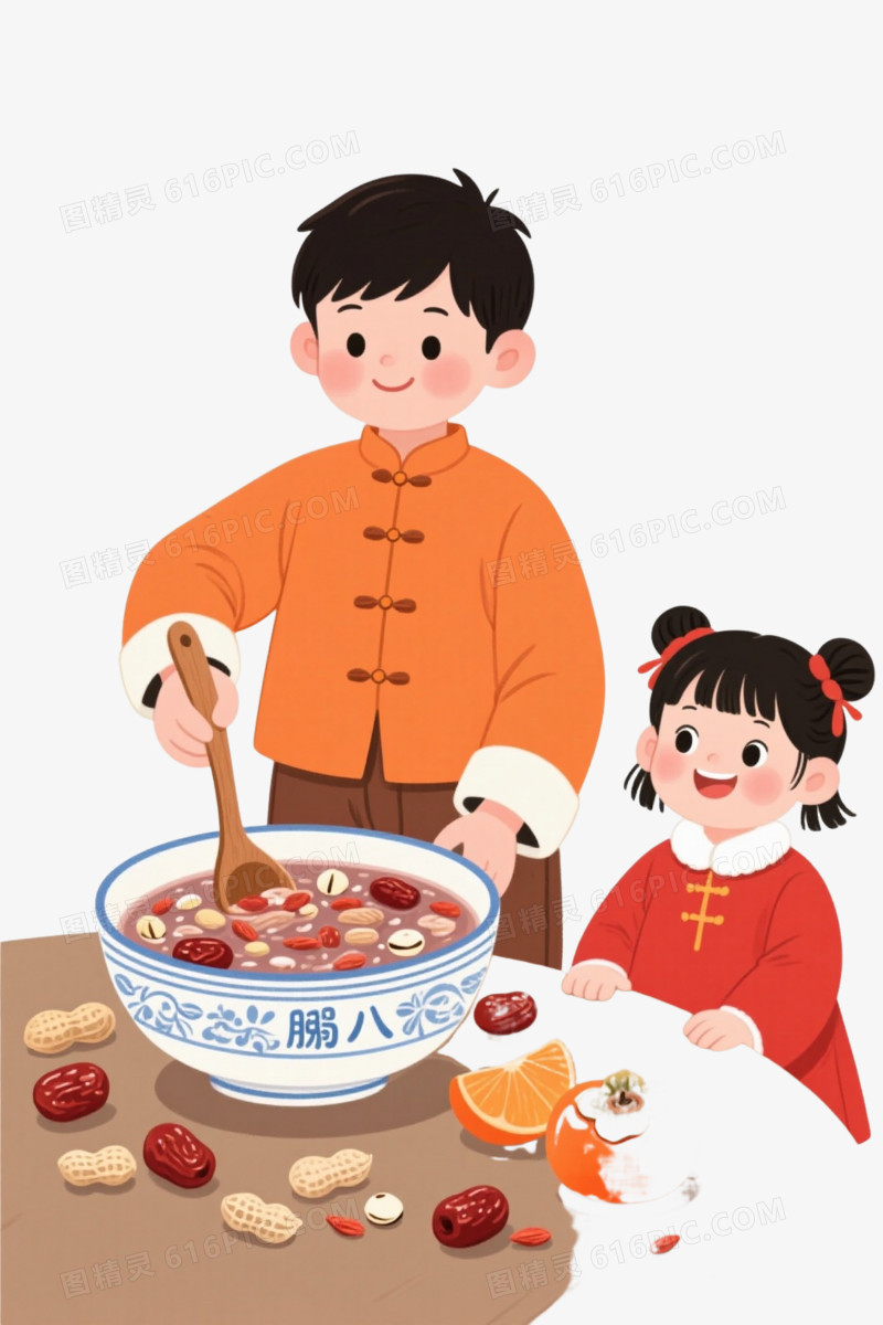 橙衣男孩腊八粥卡通手绘元素