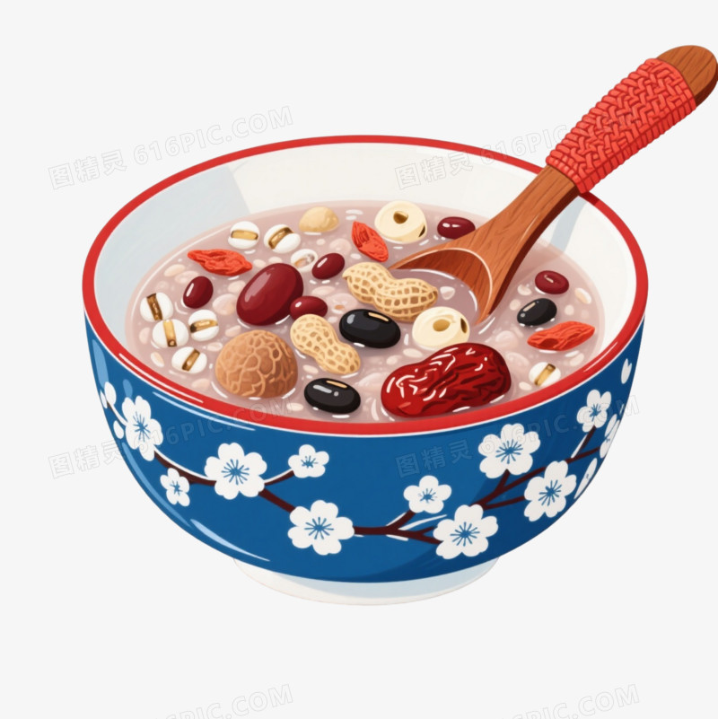 蓝釉梅花纹八宝粥插画风格元素