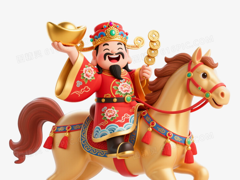 财神骑马卡通3D渲染元素