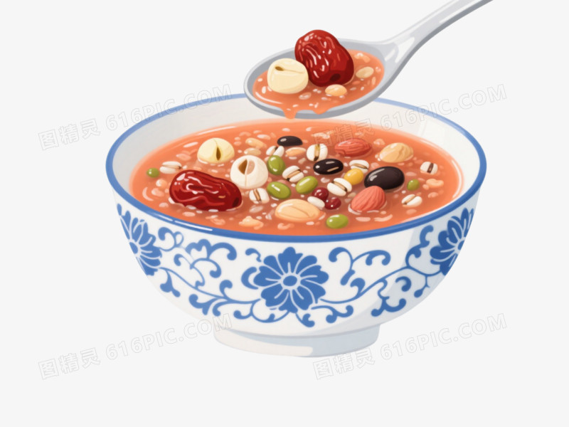 蓝白瓷碗八宝粥插画风格元素