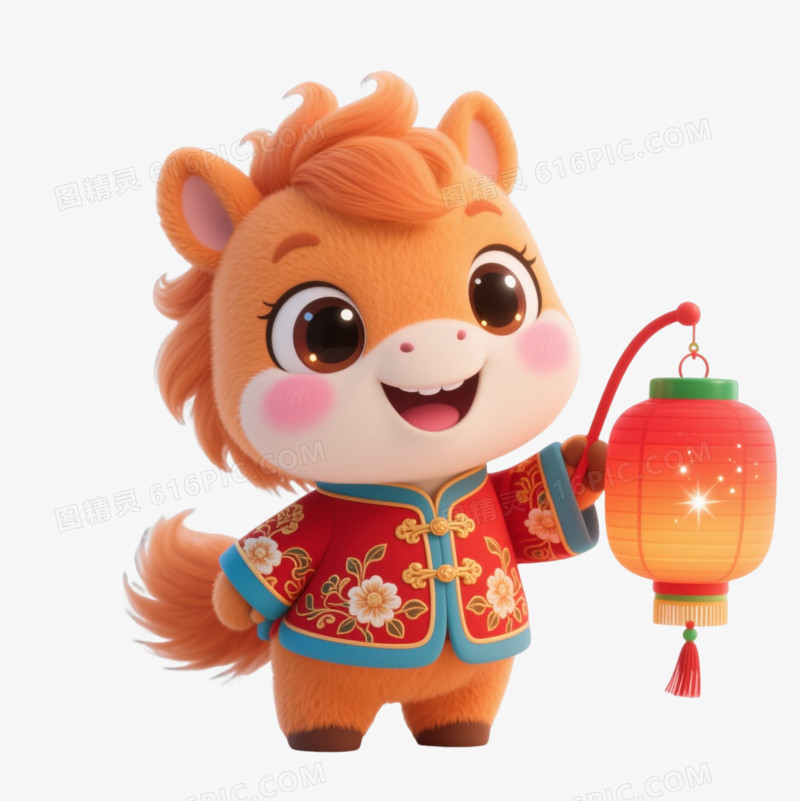 橙色小马唐装卡通手绘元素