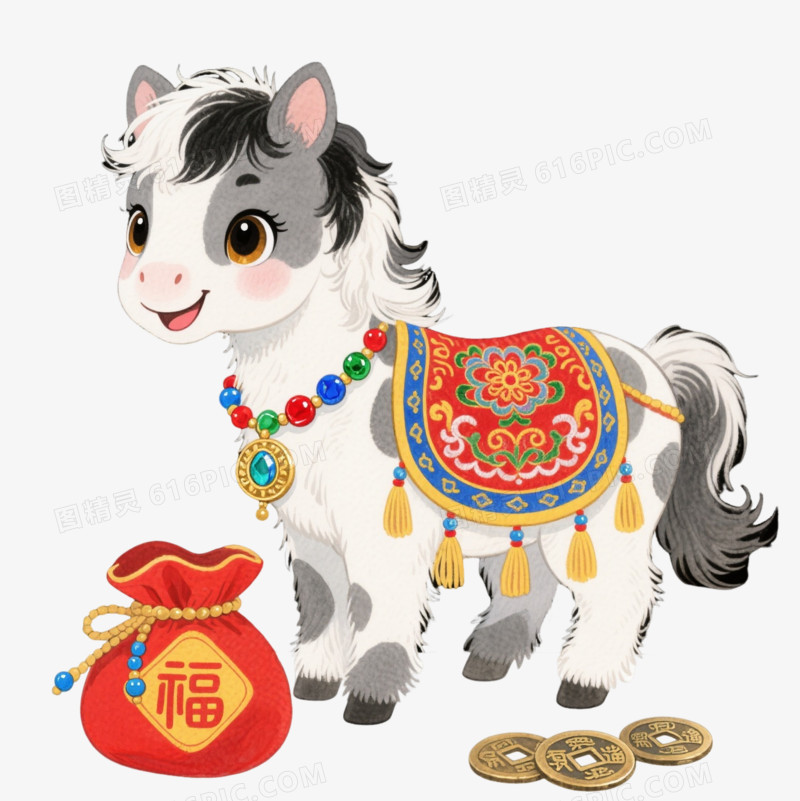 灰白小马水彩手绘元素