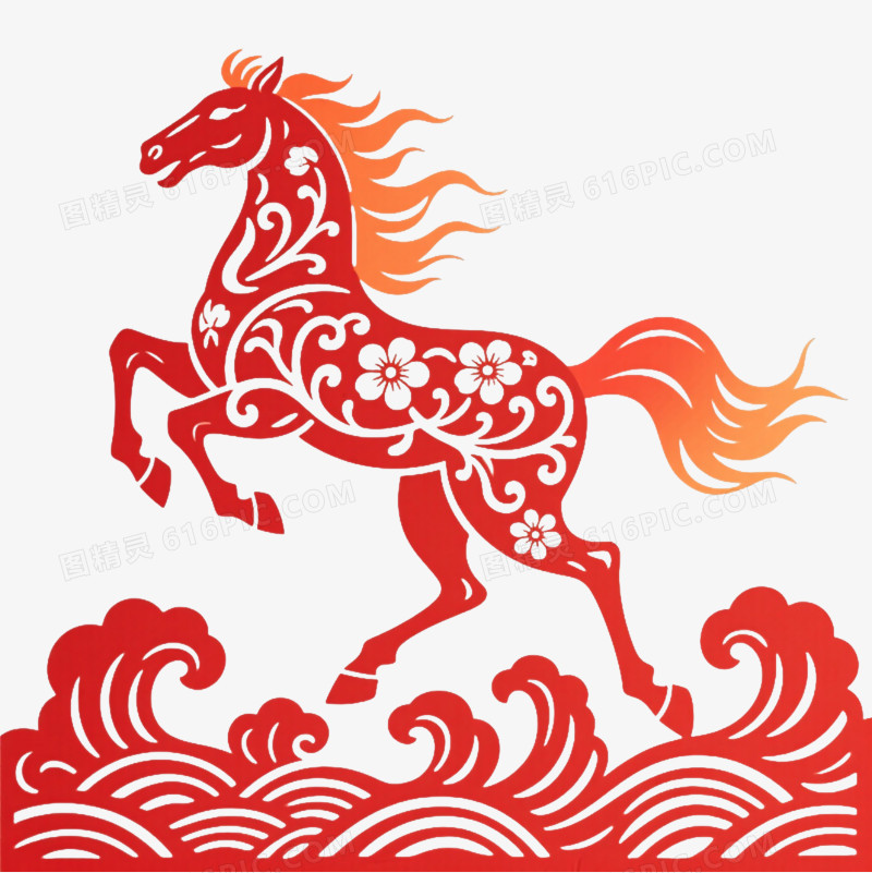 红橙渐变奔马剪纸节日元素
