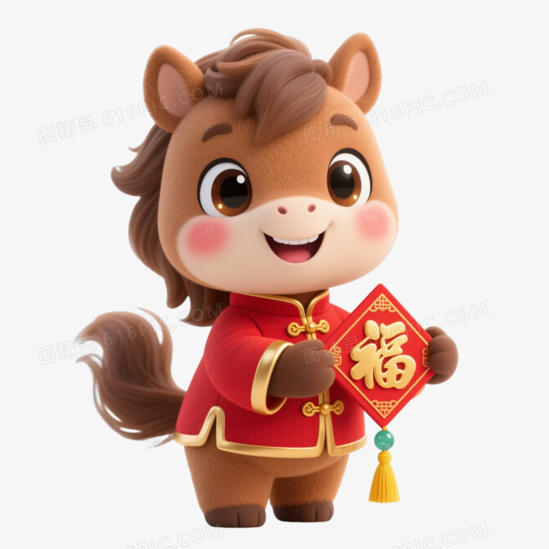 棕马唐装福字卡通手绘元素
