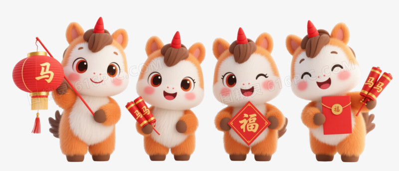 橙白小马卡通手绘元素