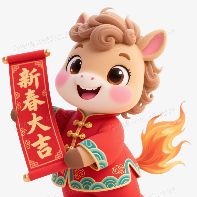 浅棕小马唐装新春大吉卡通手绘元素