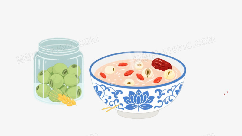 蓝白瓷碗红枣莲子粥中国风插画元素