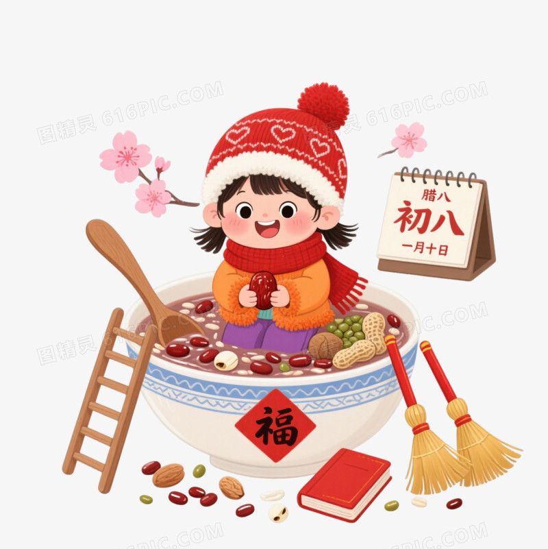 腊八节小女孩中国风插画元素
