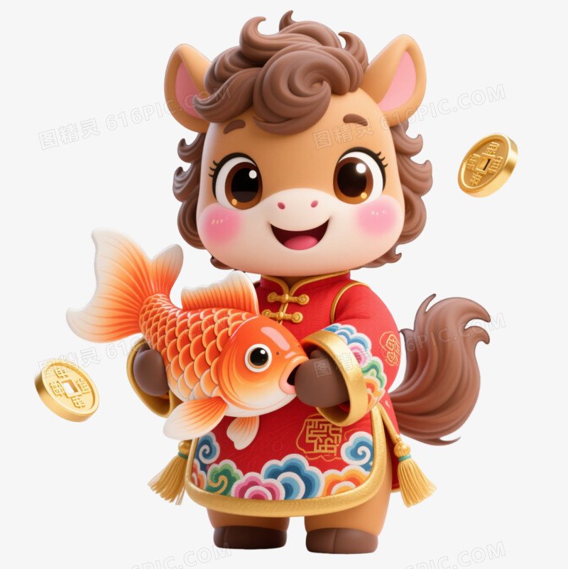 棕卷毛小马唐装锦鲤卡通手绘元素