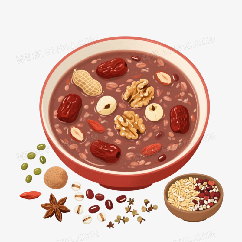 红褐腊八粥手绘插画元素