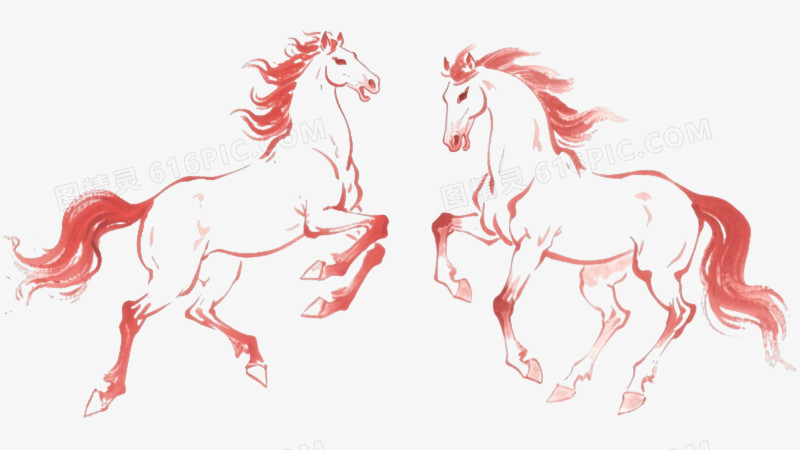 红线条骏马水墨线描装饰图案